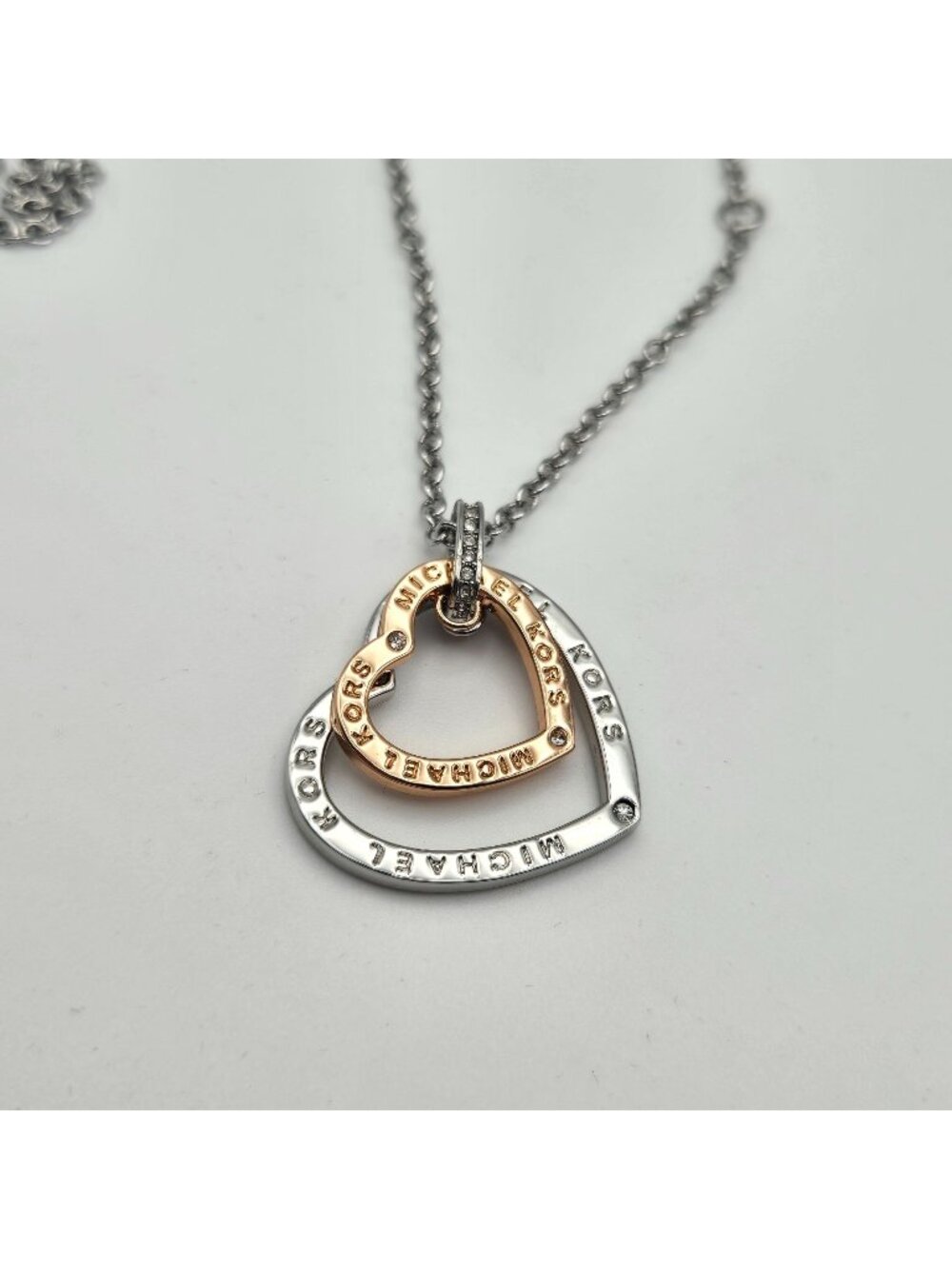 Michael Kors Two-Tone Heart Pendant Necklace Rhinestones Silver Rose Gold
